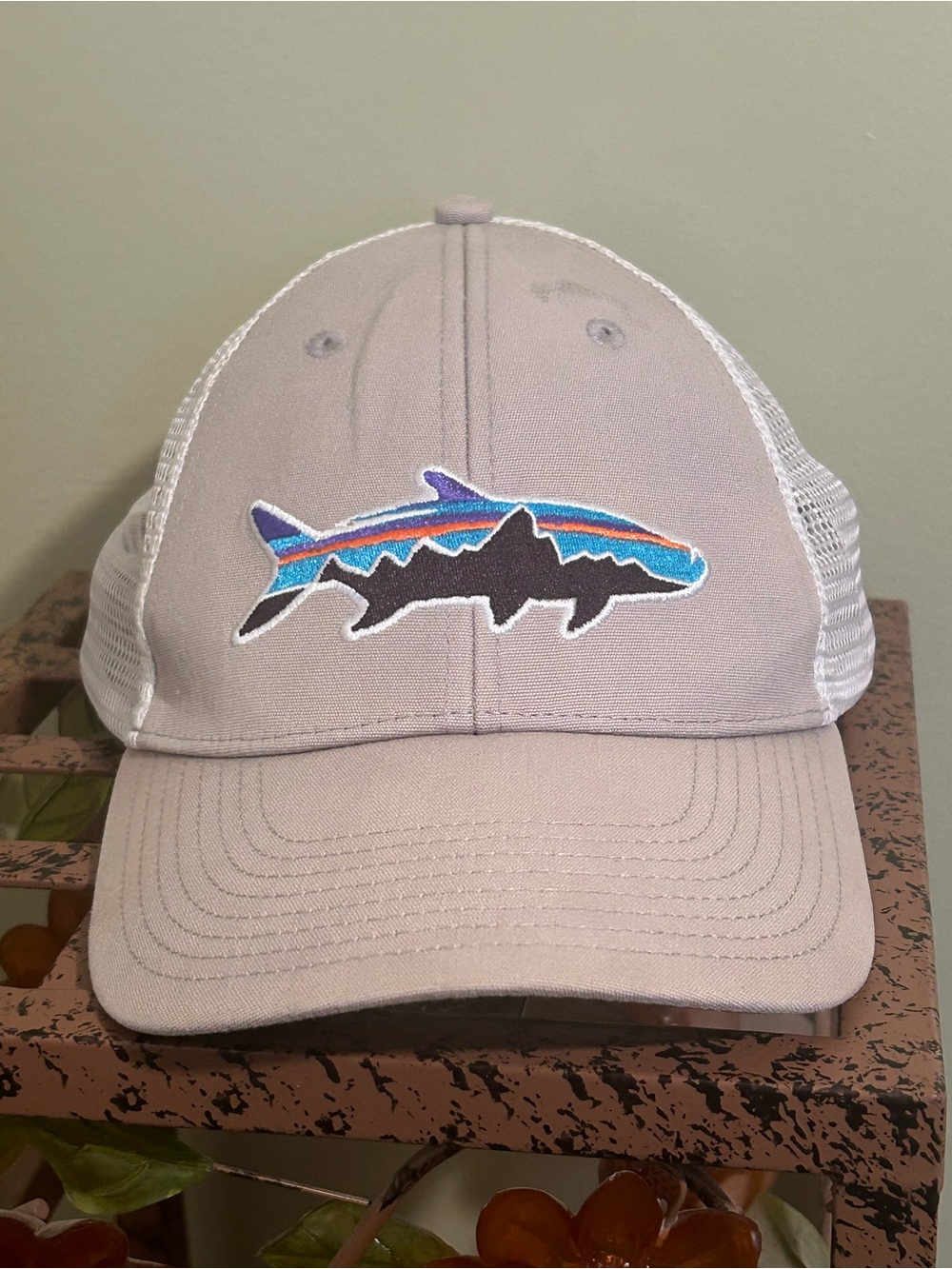 Patagonia Fitz Roy Trout Trucker Hat Gray Mesh Snapback Cap Fish Mountain
